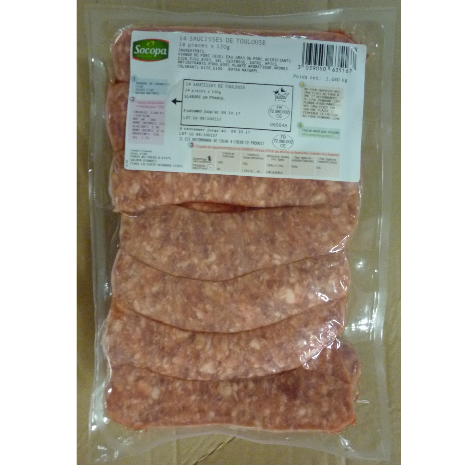 Saucisses de Toulouse 120g x 14 SV - Socopa Restauration
