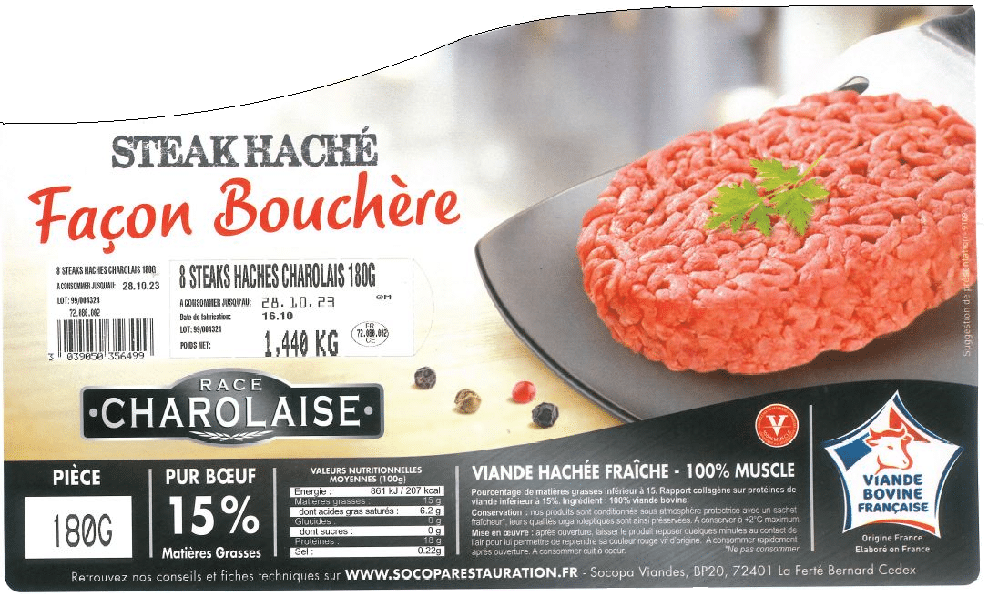 Steak haché façon bouchère* 15 MG race charolaise 180g x8 Socopa Restauration